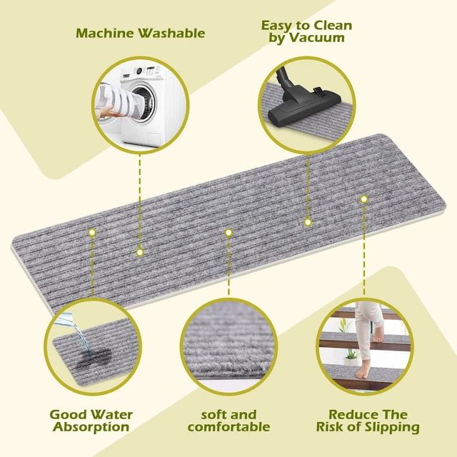 Alt view image 4 of 7 - Carpet Stair Treads 16 Pack 8"x30" Non-Slip for Indoor Wooden Steps - TPE Backing & Anti-Skid Polyester Surface with Reusable Adhesive, Safety Runner Rug for Kids/Elder/Pet - Light Grey
