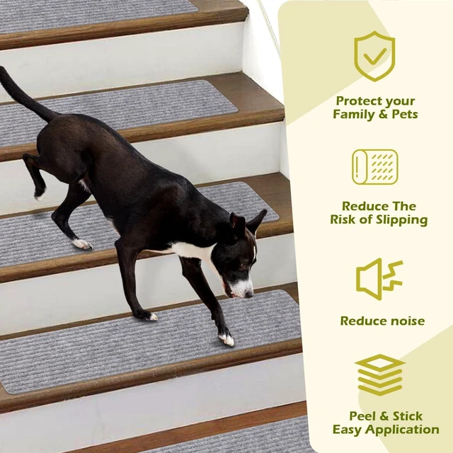 Alt view image 6 of 7 - Carpet Stair Treads 16 Pack 8"x30" Non-Slip for Indoor Wooden Steps - TPE Backing & Anti-Skid Polyester Surface with Reusable Adhesive, Safety Runner Rug for Kids/Elder/Pet - Light Grey
