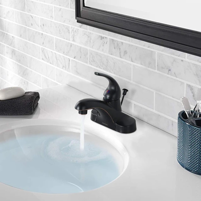Alt view image 5 of 7 - Single Handle Commercial Bathroom Faucet Oiled Rubbed Bronze 4 inch Centerset Bathroom Basin Sink Faucets One Handle Vanity Faucets Basin Mixer Tap with Lift Rod Drain Assembly