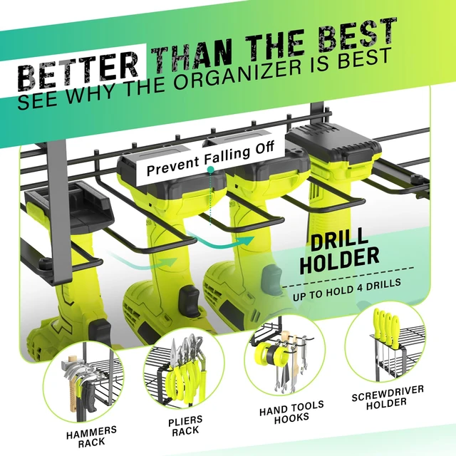 Alt view image 2 of 7 - Power Tool Organizer, 4 Drill Holder Wall Mount Tool Storage Rack Metal Tool Storage Rack with 4 Drill Holders, Heavy Duty Power Tool Shelf for Garage,Warehouse,Workshop, Gift for Men,Husband