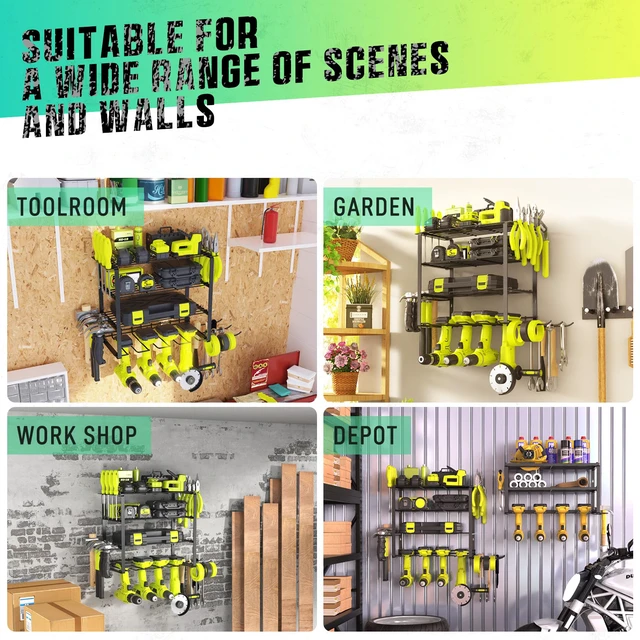 Alt view image 5 of 7 - Power Tool Organizer, 4 Drill Holder Wall Mount Tool Storage Rack Metal Tool Storage Rack with 4 Drill Holders, Heavy Duty Power Tool Shelf for Garage,Warehouse,Workshop, Gift for Men,Husband