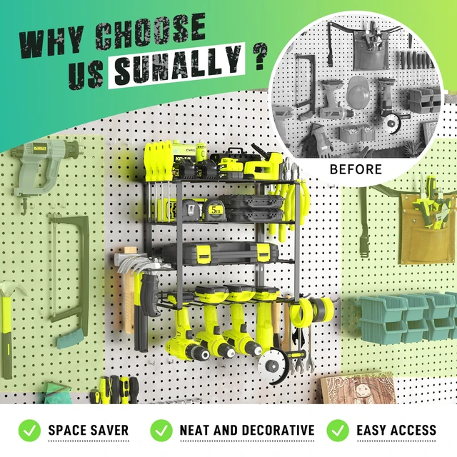 Alt view image 3 of 7 - Power Tool Organizer, 4 Drill Holder Wall Mount Tool Storage Rack Metal Tool Storage Rack with 4 Drill Holders, Heavy Duty Power Tool Shelf for Garage,Warehouse,Workshop, Gift for Men,Husband