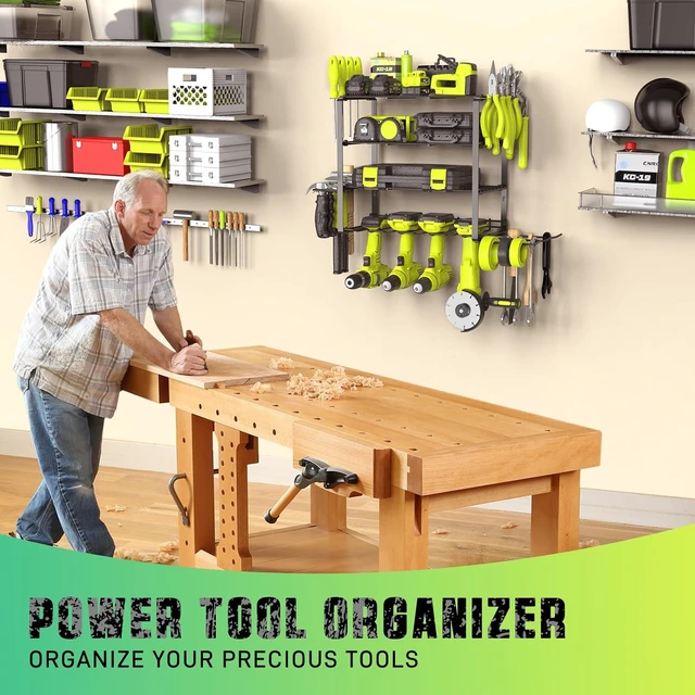 Alt view image 7 of 7 - Power Tool Organizer, 4 Drill Holder Wall Mount Tool Storage Rack Metal Tool Storage Rack with 4 Drill Holders, Heavy Duty Power Tool Shelf for Garage,Warehouse,Workshop, Gift for Men,Husband