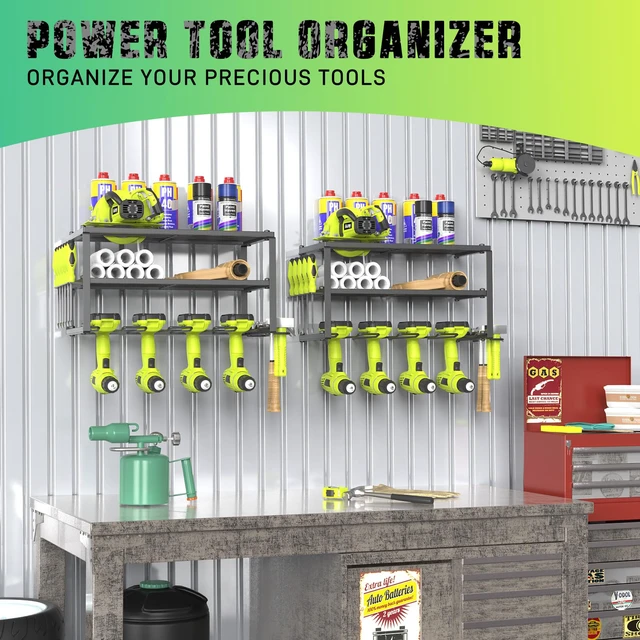 Alt view image 7 of 7 - 3-Tier Heavy Duty Steel Power Tool Organizer, Matte Black, 3 Layers Tool Rack Cordless Drill, Floating Shelf Wall Mounted, 4 Drill Holders