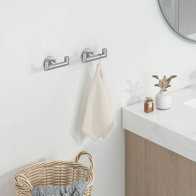 Alt view image 2 of 7 - Towel Hooks for Bathrooms, 2 Pack Robe Holder, Brushed Nickel Hand Towel Coat Holder, Solid SUS304 Stainless Steel, Versatile Double Hook, Modern Design, Wall Mount