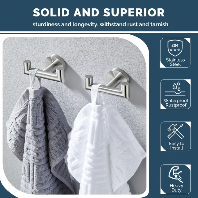 Alt view image 5 of 7 - Towel Hooks for Bathrooms, 2 Pack Robe Holder, Brushed Nickel Hand Towel Coat Holder, Solid SUS304 Stainless Steel, Versatile Double Hook, Modern Design, Wall Mount