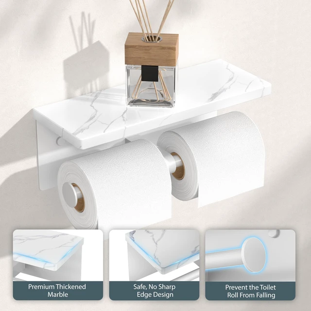 Alt view image 4 of 7 - Double Marble Toilet Paper Holder with Phone Shelf, Commercial White, Wall Mount 304 Stainless Steel Bathroom Tissue Roll Dispenser, Modern Heavy Duty Washroom Paper Storage