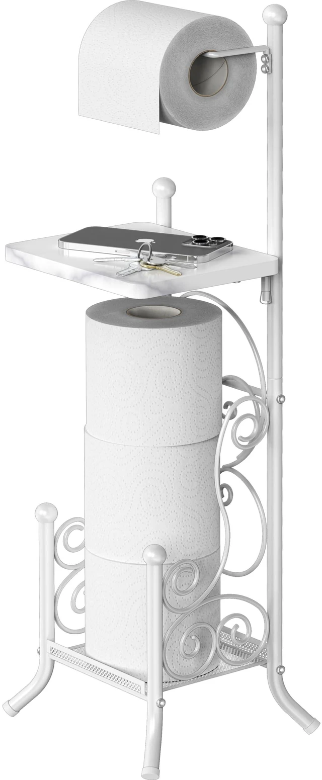 Main image of English Style Toilet Paper Stand Holder w/Woodtop, White 4 Paper Rolls, 8.5" x 8.75" x 29.2"