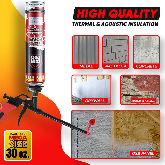 Alt view image 5 of 7 - Spray Foam Insulation Kit, 1 Pack x 30 oz, Expanding Foam Sealant Spray High Density Closed Cell Spray Kit for Walls, Attic, Ceiling, Windows, Heat & Sound Control, Energy Saver, Seal Cracks & Gaps