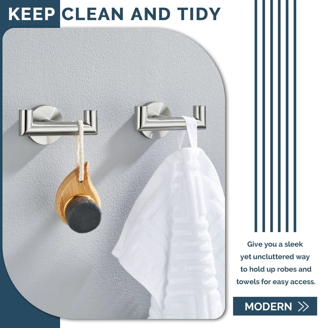 Alt view image 7 of 7 - Towel Hooks for Bathrooms, 2 Pack Robe Holder, Brushed Nickel Hand Towel Coat Holder, Solid SUS304 Stainless Steel, Versatile Double Hook, Modern Design, Wall Mount