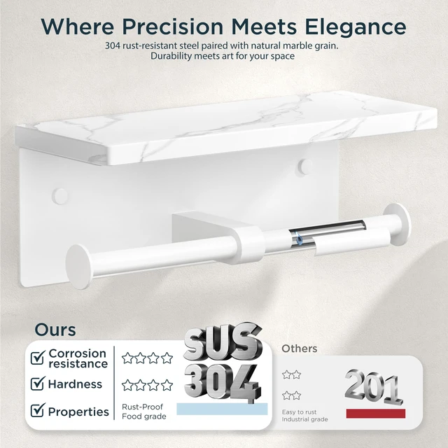 Alt view image 3 of 7 - Double Marble Toilet Paper Holder with Phone Shelf, Commercial White, Wall Mount 304 Stainless Steel Bathroom Tissue Roll Dispenser, Modern Heavy Duty Washroom Paper Storage