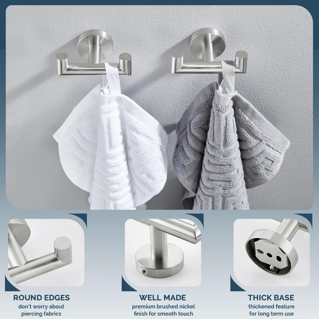 Alt view image 6 of 7 - Towel Hooks for Bathrooms, 2 Pack Robe Holder, Brushed Nickel Hand Towel Coat Holder, Solid SUS304 Stainless Steel, Versatile Double Hook, Modern Design, Wall Mount