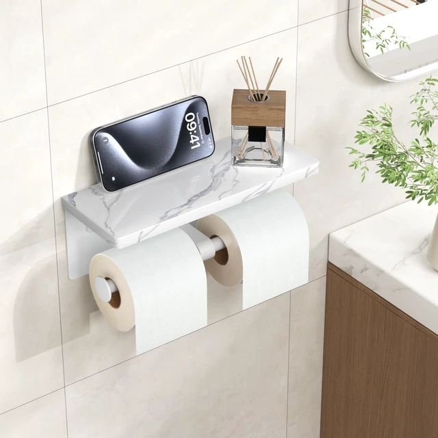 Alt view image 2 of 7 - Double Marble Toilet Paper Holder with Phone Shelf, Commercial White, Wall Mount 304 Stainless Steel Bathroom Tissue Roll Dispenser, Modern Heavy Duty Washroom Paper Storage