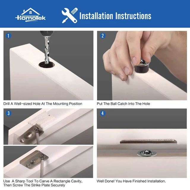 Alt view image 3 of 6 - 4 Pack Drive in Ball Catch with Strike Plate for Closet Doors, Satin Nickel, 13/16" x 1-1/8",Die-cast, Adjustable Tension Ball