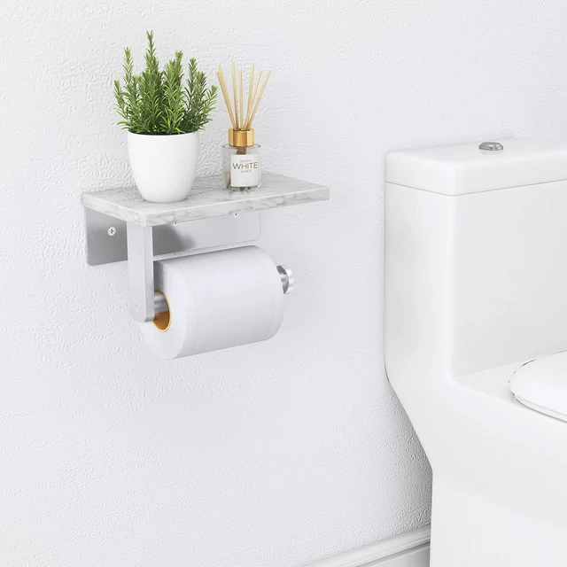 Alt view image 2 of 7 - Toilet Paper Holder with Marble Shelf, Wall Mounted Brushed Nickel Stainless Steel Tissue Roll Paper Holder Dispenser for Bathroom Washroom