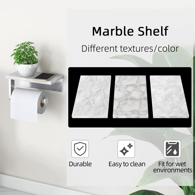 Alt view image 4 of 7 - Toilet Paper Holder with Marble Shelf, Wall Mounted Brushed Nickel Stainless Steel Tissue Roll Paper Holder Dispenser for Bathroom Washroom