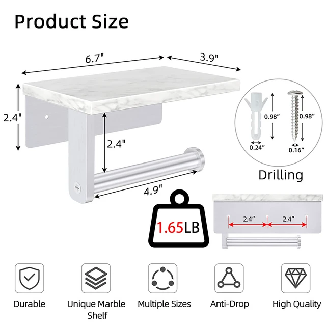 Alt view image 3 of 7 - Toilet Paper Holder with Marble Shelf, Wall Mounted Brushed Nickel Stainless Steel Tissue Roll Paper Holder Dispenser for Bathroom Washroom
