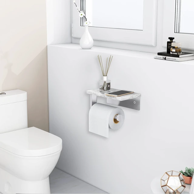 Alt view image 6 of 7 - Toilet Paper Holder with Marble Shelf, Wall Mounted Brushed Nickel Stainless Steel Tissue Roll Paper Holder Dispenser for Bathroom Washroom