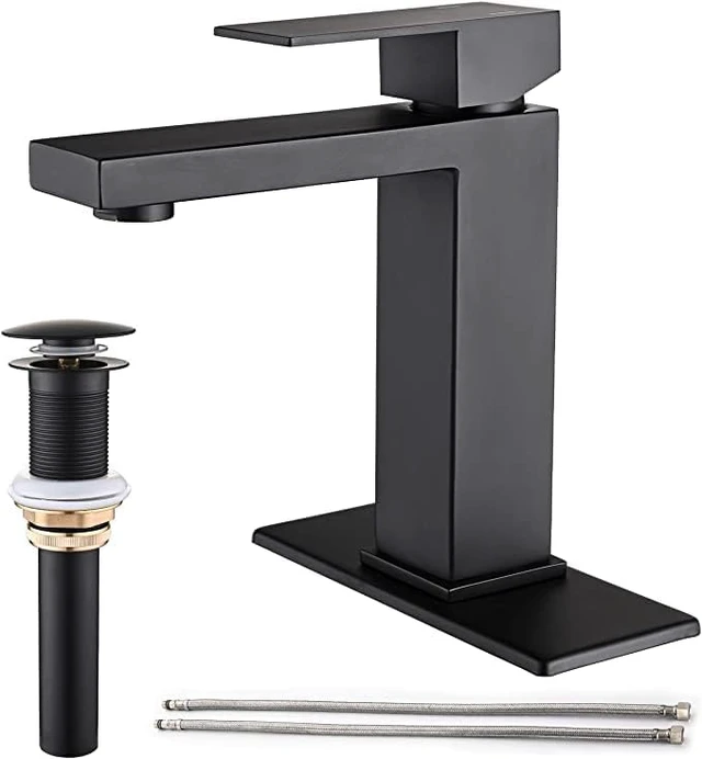 Alt view image 2 of 7 - Matte Black Bathroom Faucet, Single Hole Handle Vanity Bath Faucet Modern Stainless Steel Bathroom Faucets for Sink 1 Hole with Pop Up Drain Stopper & Water Supply Hoses