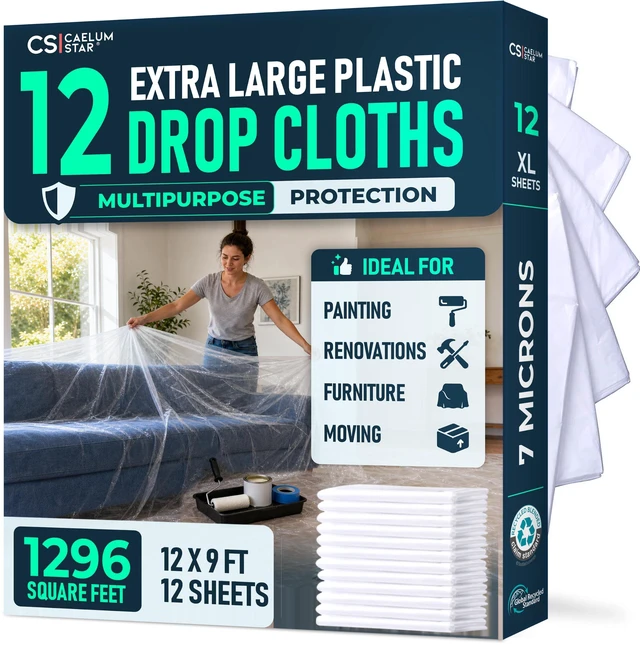 Main image of CS 12 Pack Clear Plastic Drop Cloth for Painting & Decorating, 12x9Ft Each Light 0.4 mil, painters plastic sheeting, clear plastic sheet and furniture covers, painting supplies, clear tarp and tarps