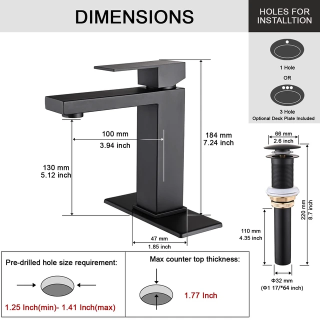 Alt view image 4 of 7 - Matte Black Bathroom Faucet, Single Hole Handle Vanity Bath Faucet Modern Stainless Steel Bathroom Faucets for Sink 1 Hole with Pop Up Drain Stopper & Water Supply Hoses