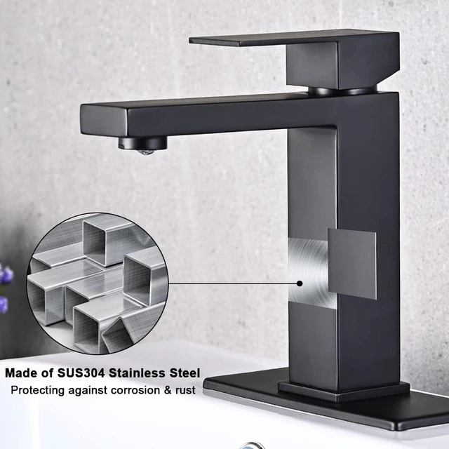 Alt view image 6 of 7 - Matte Black Bathroom Faucet, Single Hole Handle Vanity Bath Faucet Modern Stainless Steel Bathroom Faucets for Sink 1 Hole with Pop Up Drain Stopper & Water Supply Hoses