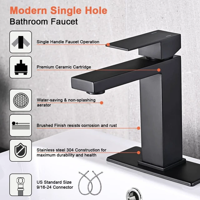 Alt view image 7 of 7 - Matte Black Bathroom Faucet, Single Hole Handle Vanity Bath Faucet Modern Stainless Steel Bathroom Faucets for Sink 1 Hole with Pop Up Drain Stopper & Water Supply Hoses