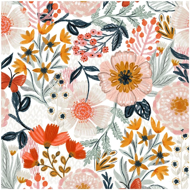 Main image of Pink Floral Wallpaper Peel and Stick Botanical 17.3in x 32.8ft Textured Boho Wall Paper Modern Renter Friendly Removable Flower White Orange Stick on Mural Bathroom Bedroom Accent Decor