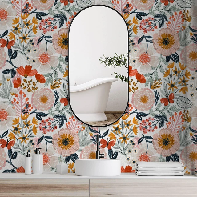 Alt view image 3 of 7 - Pink Floral Wallpaper Peel and Stick Botanical 17.3in x 32.8ft Textured Boho Wall Paper Modern Renter Friendly Removable Flower White Orange Stick on Mural Bathroom Bedroom Accent Decor