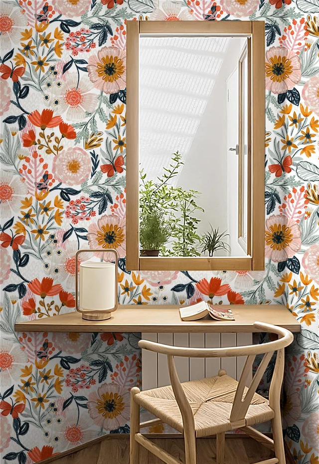 Alt view image 4 of 7 - Pink Floral Wallpaper Peel and Stick Botanical 17.3in x 32.8ft Textured Boho Wall Paper Modern Renter Friendly Removable Flower White Orange Stick on Mural Bathroom Bedroom Accent Decor