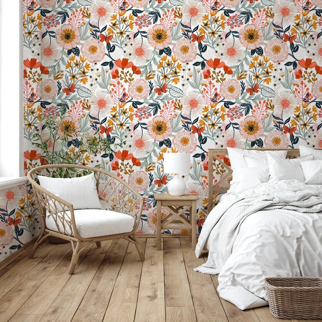 Alt view image 2 of 7 - Pink Floral Wallpaper Peel and Stick Botanical 17.3in x 32.8ft Textured Boho Wall Paper Modern Renter Friendly Removable Flower White Orange Stick on Mural Bathroom Bedroom Accent Decor