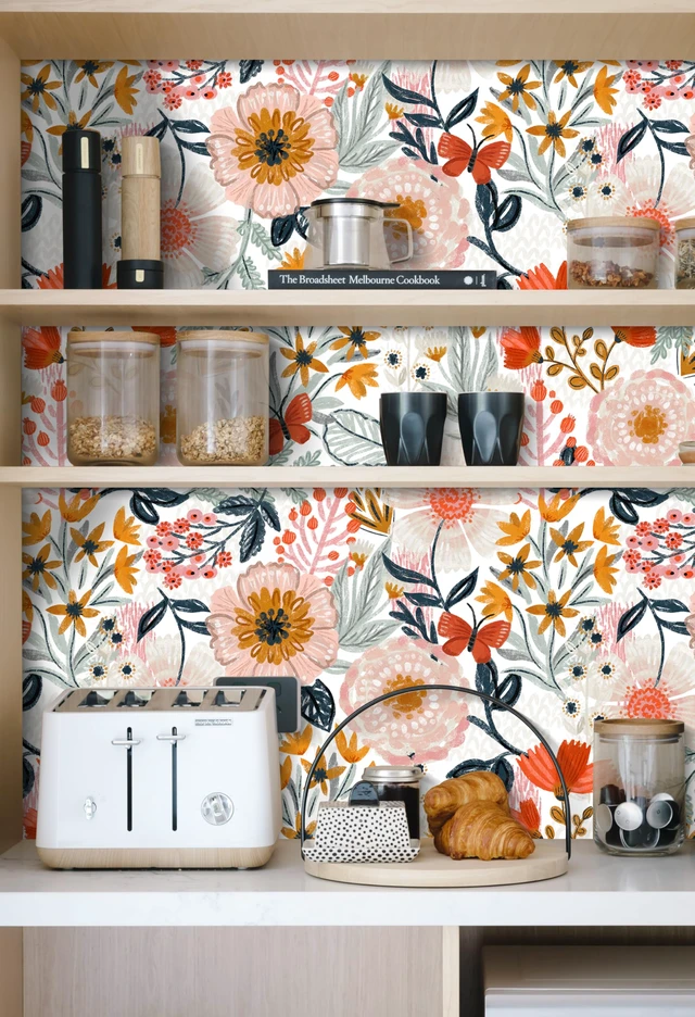 Alt view image 5 of 7 - Pink Floral Wallpaper Peel and Stick Botanical 17.3in x 32.8ft Textured Boho Wall Paper Modern Renter Friendly Removable Flower White Orange Stick on Mural Bathroom Bedroom Accent Decor