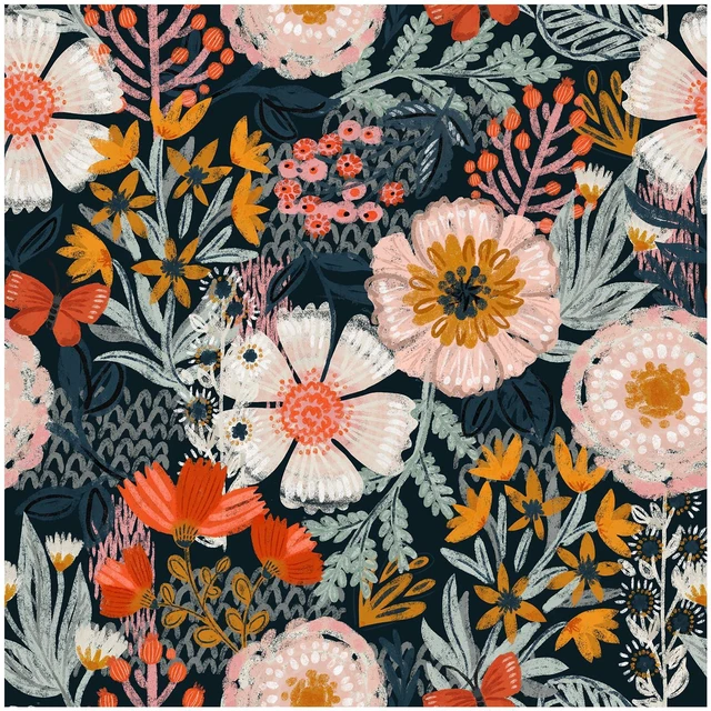 Main image of Navy Floral Peel and Stick Wallpaper Boho Mural 17.3in x 32.8ft Vintage Textured Wall Paper Renter Friendly Removable Blue Pink Orange for Bathroom Bedroom Nursery Botanical Contact Paper
