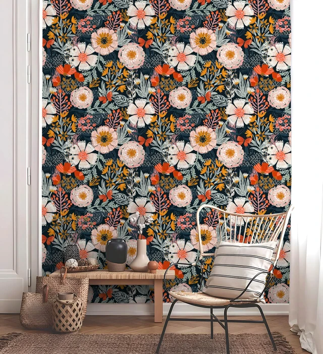 Alt view image 2 of 7 - Navy Floral Peel and Stick Wallpaper Boho Mural 17.3in x 32.8ft Vintage Textured Wall Paper Renter Friendly Removable Blue Pink Orange for Bathroom Bedroom Nursery Botanical Contact Paper