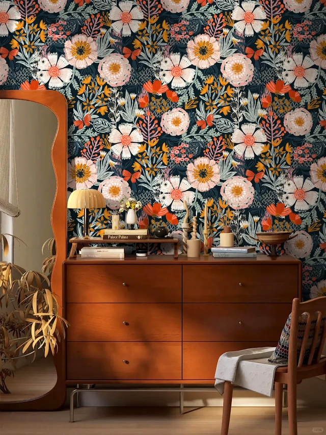 Alt view image 3 of 7 - Navy Floral Peel and Stick Wallpaper Boho Mural 17.3in x 32.8ft Vintage Textured Wall Paper Renter Friendly Removable Blue Pink Orange for Bathroom Bedroom Nursery Botanical Contact Paper