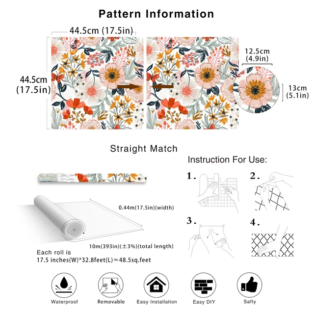 Alt view image 7 of 7 - Pink Floral Wallpaper Peel and Stick Botanical 17.3in x 32.8ft Textured Boho Wall Paper Modern Renter Friendly Removable Flower White Orange Stick on Mural Bathroom Bedroom Accent Decor