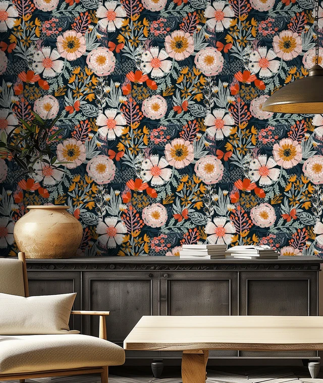 Alt view image 4 of 7 - Navy Floral Peel and Stick Wallpaper Boho Mural 17.3in x 32.8ft Vintage Textured Wall Paper Renter Friendly Removable Blue Pink Orange for Bathroom Bedroom Nursery Botanical Contact Paper