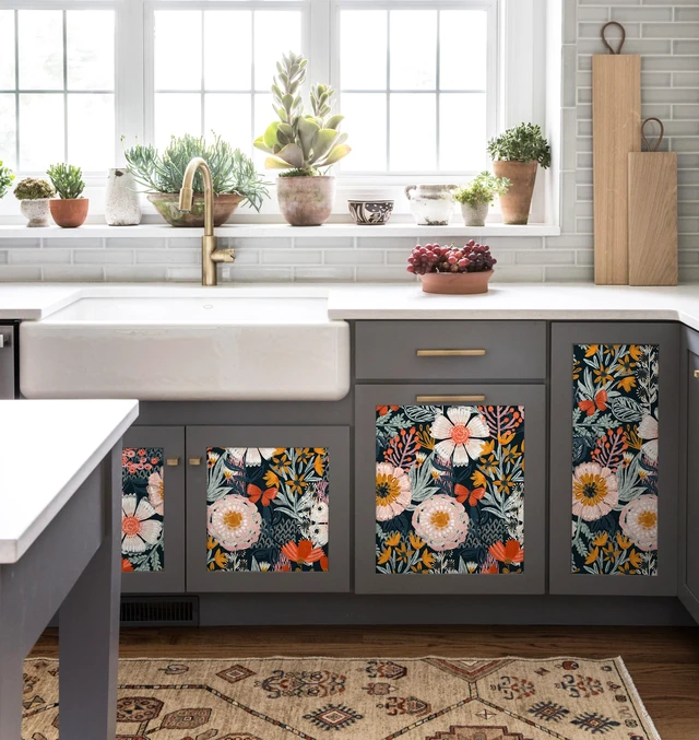 Alt view image 6 of 7 - Navy Floral Peel and Stick Wallpaper Boho Mural 17.3in x 32.8ft Vintage Textured Wall Paper Renter Friendly Removable Blue Pink Orange for Bathroom Bedroom Nursery Botanical Contact Paper