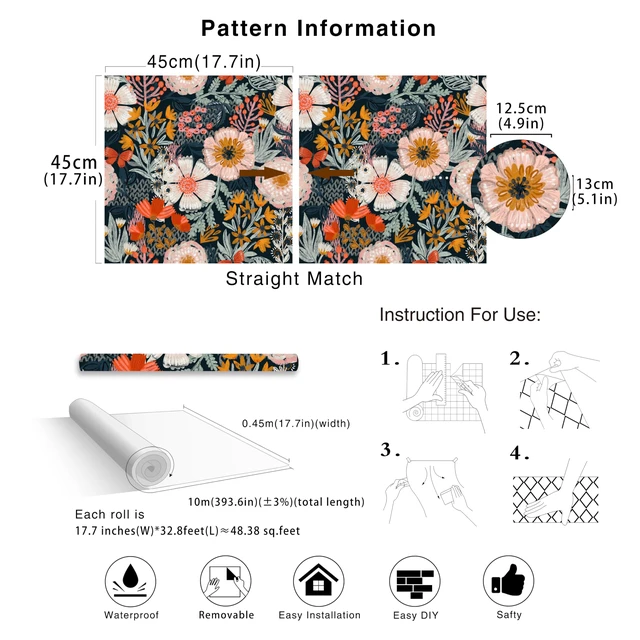 Alt view image 7 of 7 - Navy Floral Peel and Stick Wallpaper Boho Mural 17.3in x 32.8ft Vintage Textured Wall Paper Renter Friendly Removable Blue Pink Orange for Bathroom Bedroom Nursery Botanical Contact Paper