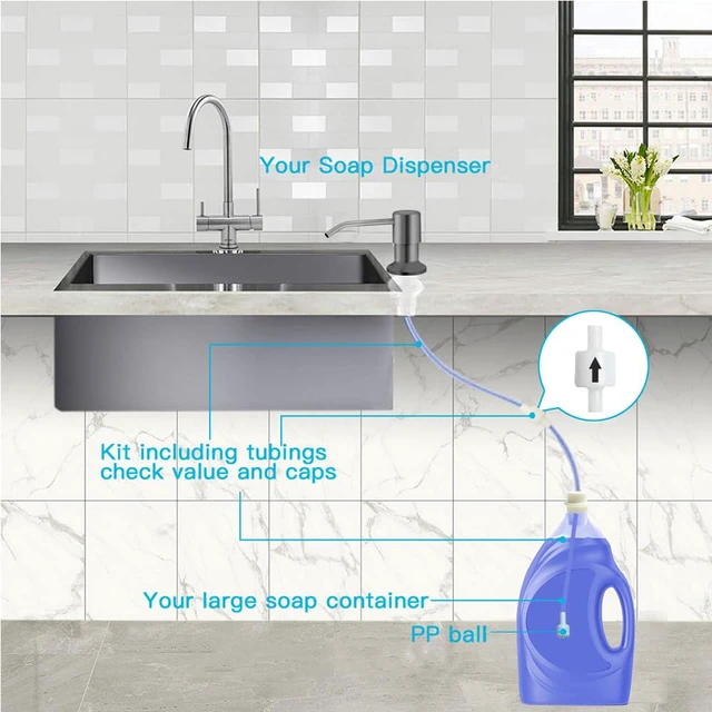 Alt view image 3 of 7 - Dish Soap Dispenser for Kitchen Sink, Countertop Sink Soap Dispenser Water Pump with 47 No-Spill Extension Tube Kit Design for Kitchen Bathroom, No More Refills Gray