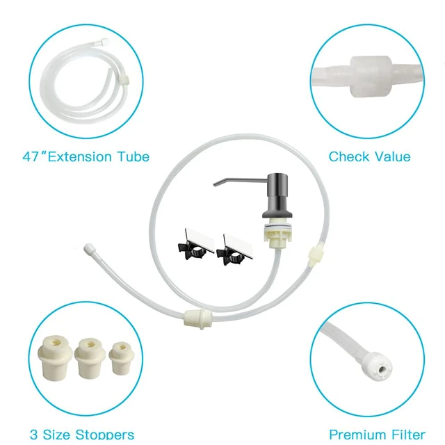 Alt view image 4 of 7 - Dish Soap Dispenser for Kitchen Sink, Countertop Sink Soap Dispenser Water Pump with 47 No-Spill Extension Tube Kit Design for Kitchen Bathroom, No More Refills Gray