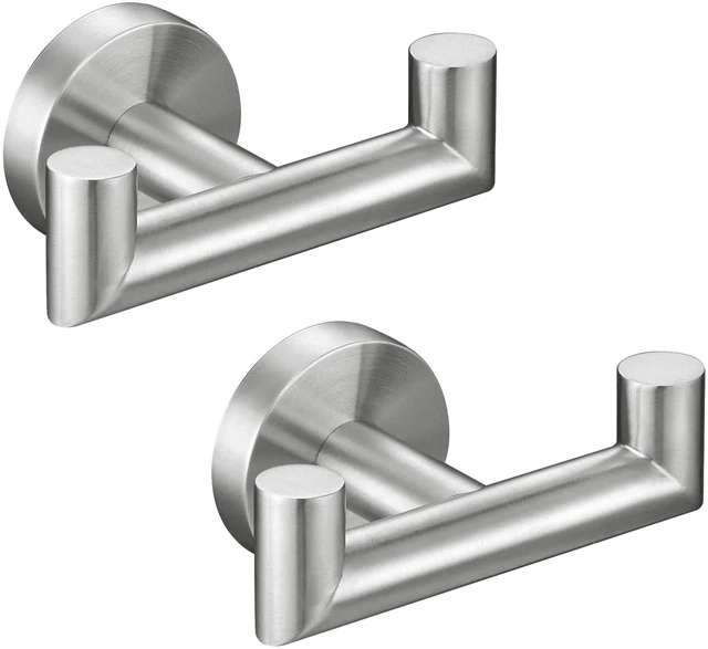 Main image of Towel Hooks for Bathrooms, 2 Pack Robe Holder, Brushed Nickel Hand Towel Coat Holder, Solid SUS304 Stainless Steel, Versatile Double Hook, Modern Design, Wall Mount