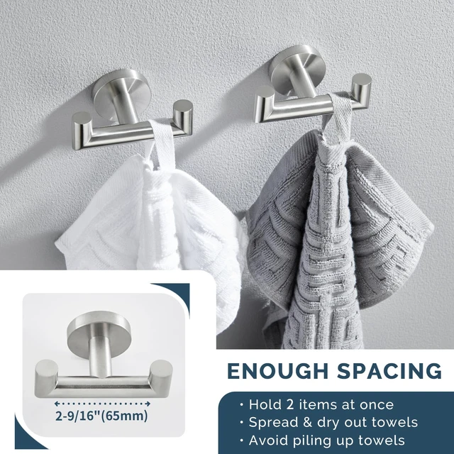 Alt view image 3 of 7 - Towel Hooks for Bathrooms, 2 Pack Robe Holder, Brushed Nickel Hand Towel Coat Holder, Solid SUS304 Stainless Steel, Versatile Double Hook, Modern Design, Wall Mount