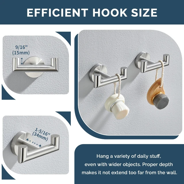 Alt view image 4 of 7 - Towel Hooks for Bathrooms, 2 Pack Robe Holder, Brushed Nickel Hand Towel Coat Holder, Solid SUS304 Stainless Steel, Versatile Double Hook, Modern Design, Wall Mount