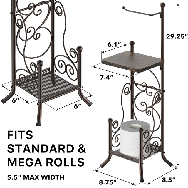 Alt view image 2 of 7 - English Style Toilet Paper Stand Holder w/Woodtop, Bronze 4 Paper Rolls, 8.5" x 8.75" x 29.2"