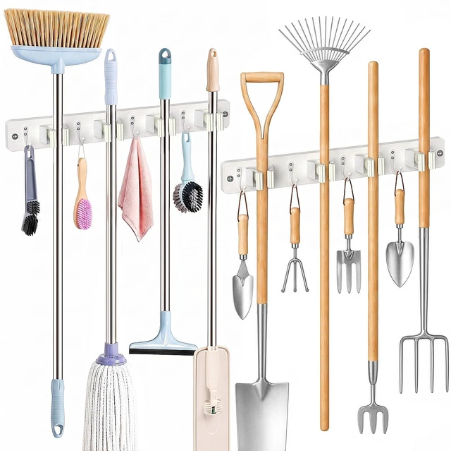Main image of Broom Holder Wall Mounted, 2 Pack White 4 Holders and 4 Hooks Mop Holder, Wooden Mop and Broom Holder with Anti slip rubber, Natural pine wood Brush Holder, Mop Wall Holder with Nail installation