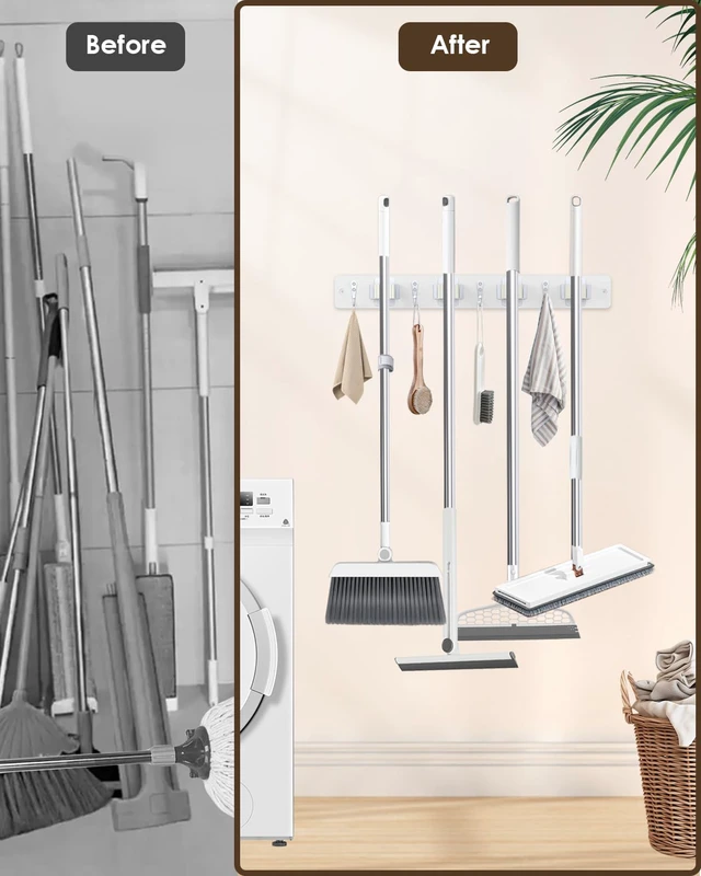 Alt view image 2 of 7 - Broom Holder Wall Mounted, 2 Pack White 4 Holders and 4 Hooks Mop Holder, Wooden Mop and Broom Holder with Anti slip rubber, Natural pine wood Brush Holder, Mop Wall Holder with Nail installation