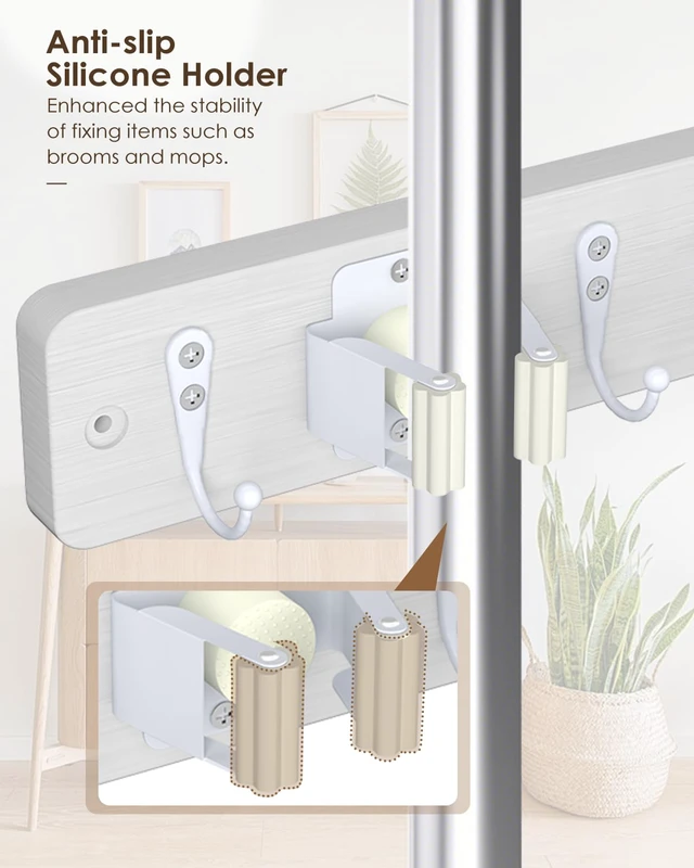 Alt view image 3 of 7 - Broom Holder Wall Mounted, 2 Pack White 4 Holders and 4 Hooks Mop Holder, Wooden Mop and Broom Holder with Anti slip rubber, Natural pine wood Brush Holder, Mop Wall Holder with Nail installation