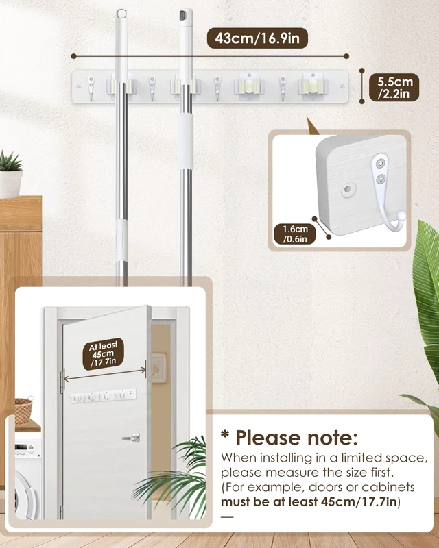 Alt view image 4 of 7 - Broom Holder Wall Mounted, 2 Pack White 4 Holders and 4 Hooks Mop Holder, Wooden Mop and Broom Holder with Anti slip rubber, Natural pine wood Brush Holder, Mop Wall Holder with Nail installation