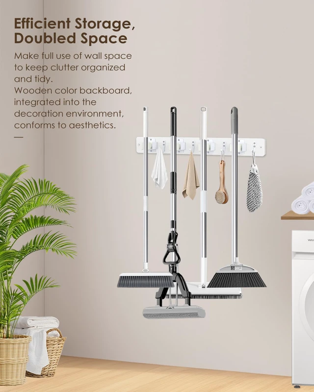 Alt view image 5 of 7 - Broom Holder Wall Mounted, 2 Pack White 4 Holders and 4 Hooks Mop Holder, Wooden Mop and Broom Holder with Anti slip rubber, Natural pine wood Brush Holder, Mop Wall Holder with Nail installation